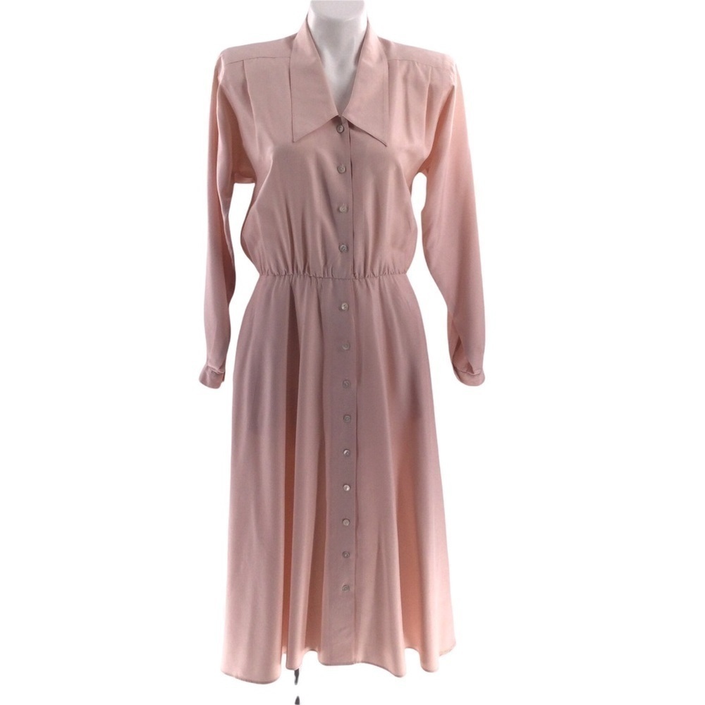 Vintage‎ Liz Claiborne 100% Silk Pink Button Down Long Sleeve Shirt Dress